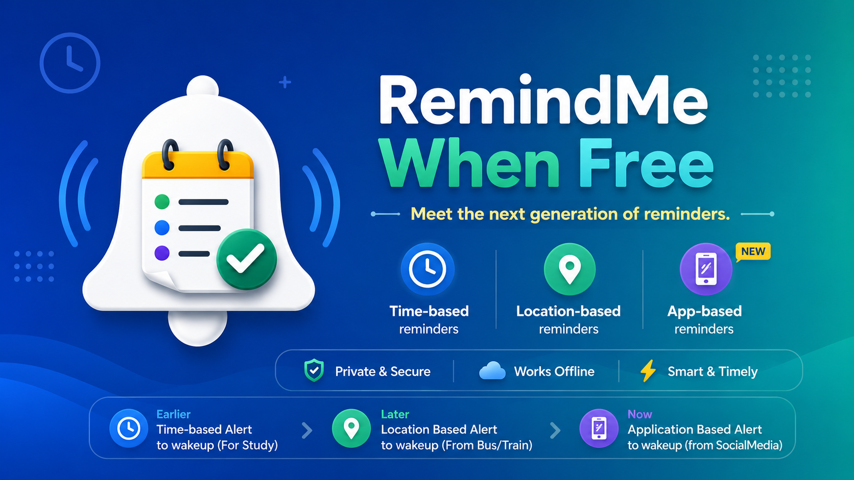 RemindMe When Free — Time-based, Location-based, and App-based reminders, private, offline-first, and smart