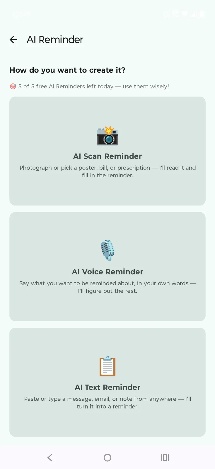 AI Reminder screen with AI Scan, AI Voice, and AI Text Reminder options