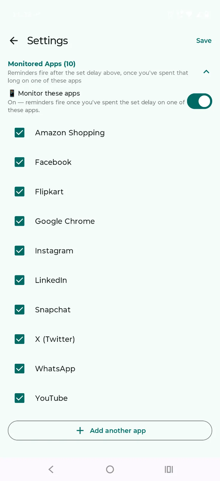 ElephantBell's Monitored Apps settings screen with 10 apps checked and an Add another app button