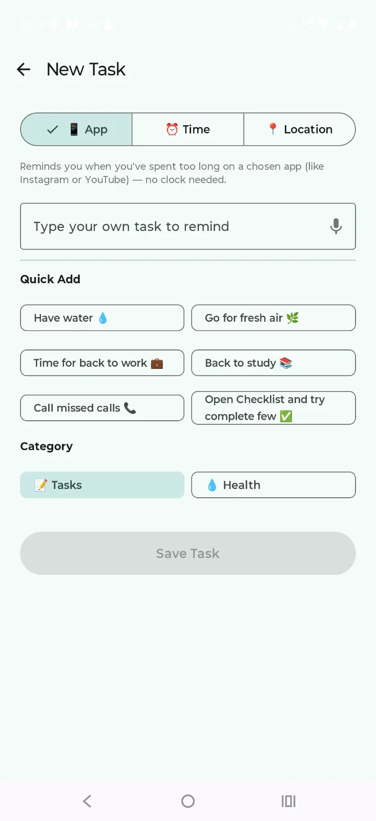 ElephantBell New Task screen showing App, Time, and Location tabs, a task input with voice, and Quick Add chips