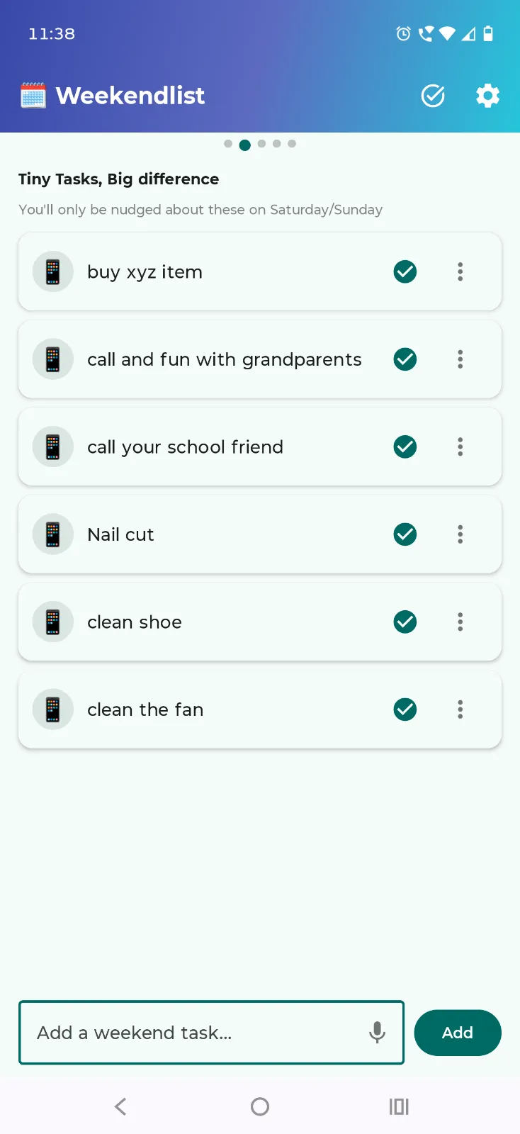 ElephantBell's Weekend List screen with tiny weekend-only tasks like Nail cut and Clean the fan